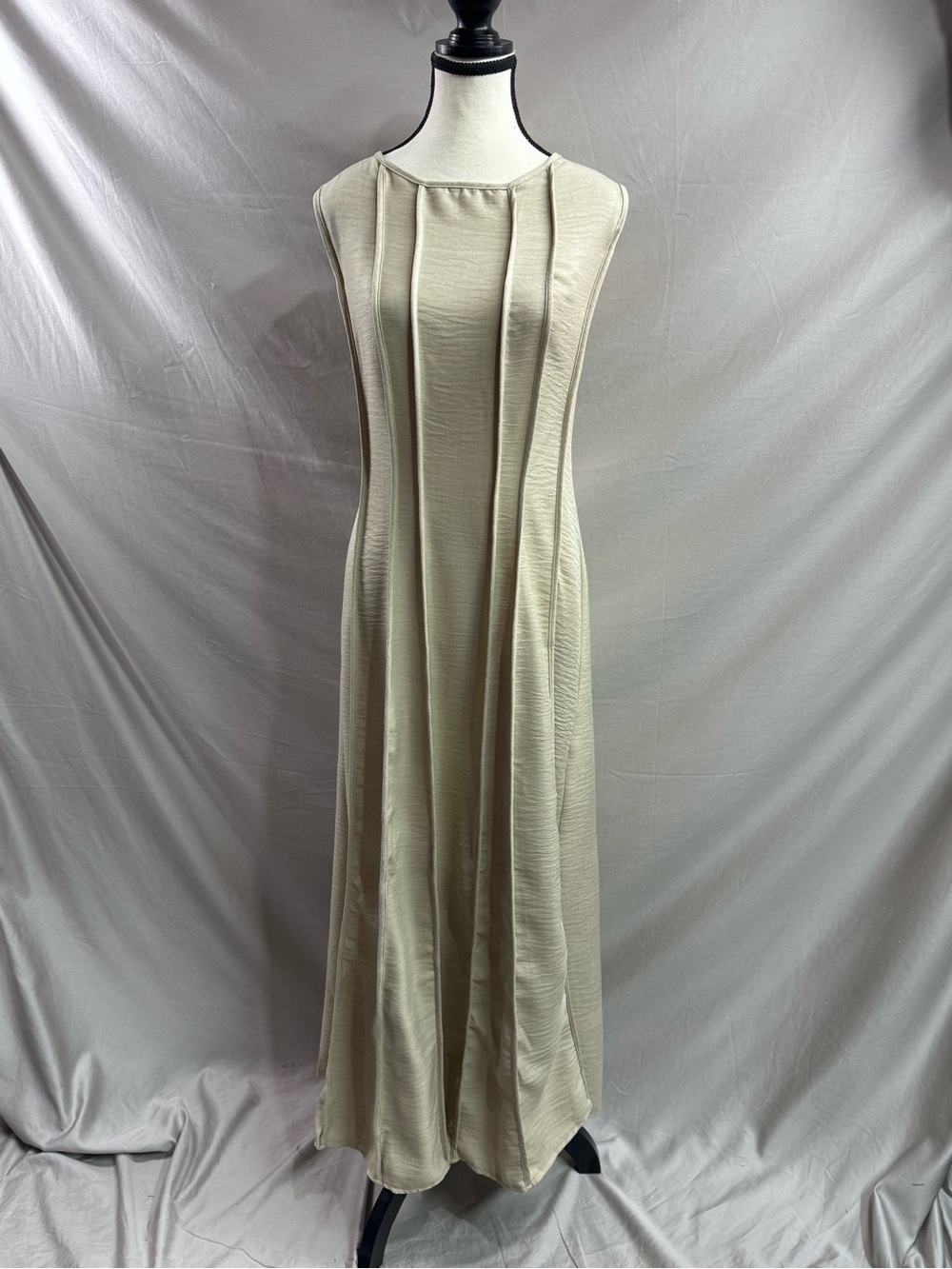 Split Pleated Waist A-Line Dress Beige - Picture 8 of 9